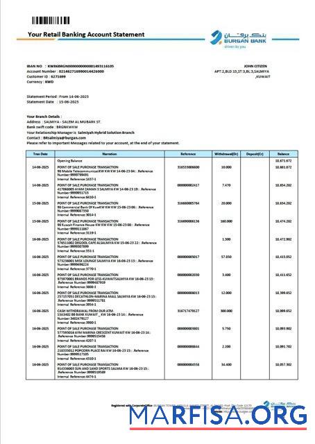 Realistic Kuwait Burgan bank retail account statement word real example